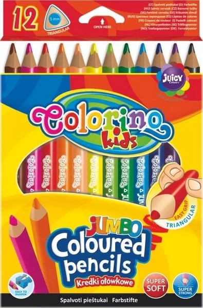 COLORINO KREDKI OŁÓWKOWE TRÓJKĄTNE JUMBO GRUBE 12 Świeżych KOLORÓW