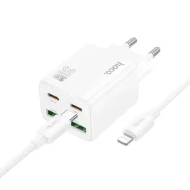 hoco-ladowarka-sieciowa-2x-usb-c-2x-usb-kabel-lightning-pd-3a-30w-biala
