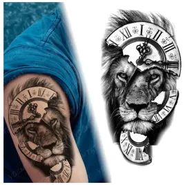 tatuaz-lew-zwierze-czas-zegar-zmywalny-tymczasowy-wodny