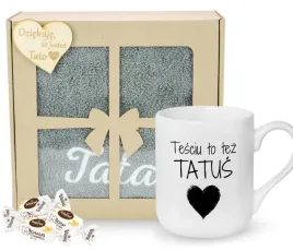 zestaw-prezentowy-na-dzien-ojca-recznik-kubek-tesciu-to-tez-tatus-wzory