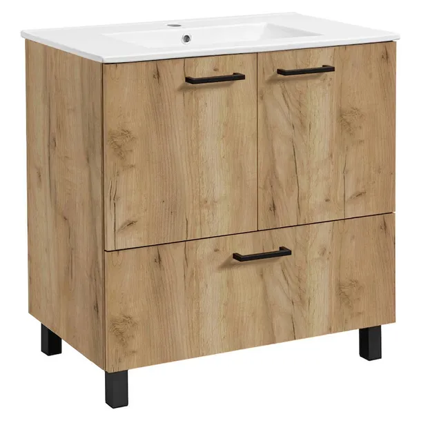 Szafka Łazienkowa z Umywalką Dąb Craft Złoty 70 cm Stojąca Szuflada Drzwi