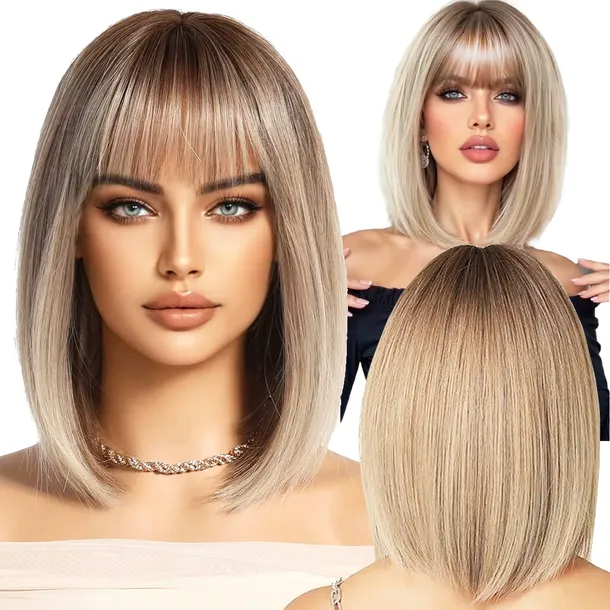 PERUKA DAMSKA BOB BLOND OMBRE PROSTE WŁOSY Z GRZYWKĄ JAK NATURALNE WIG 35cm