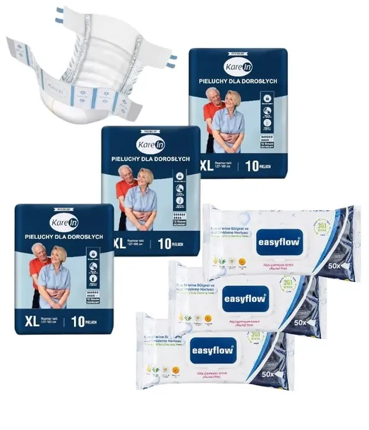 PIELUCHY PAMPERSY DLA DOROSŁYCH KAREIN PREMIUM XL 30sz+CHUSTECZKI 3x50 sz