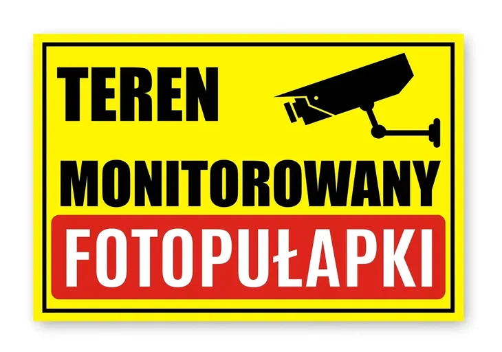 TABLICZKA FOTOPUŁAPKI TEREN MONITOROWANY 30x20 cm PCV 3MM - DRUK UV - żółta