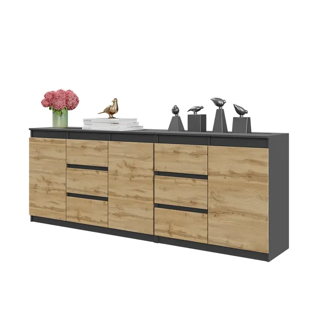 KOMODA 200 CM ANTRACYT/DĄB WOTAN 6 SZUFLAD, 3 DRZWI, 3 PÓŁKI ZESTAW, SALON