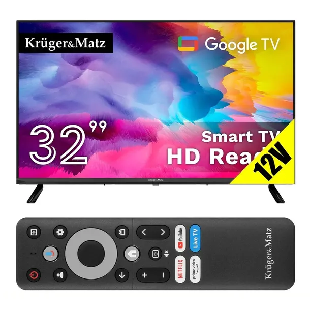 Telewizor SMART Google TV 32" HD WiFi DVB-T2 H.265 HEVC HDR Chromecast 12V