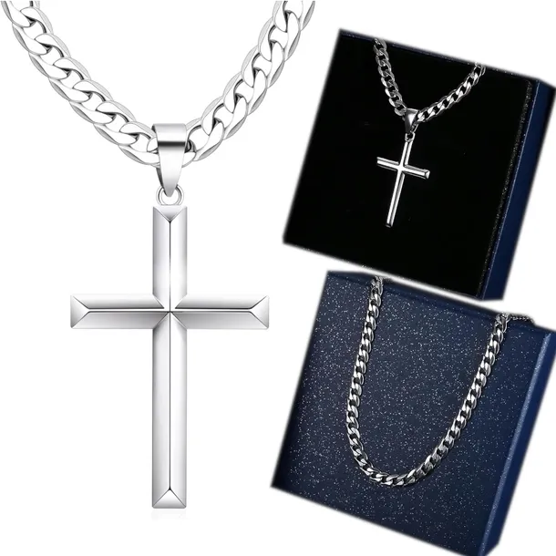 ŁAŃCUSZEK z Krzyżykiem Srebrny Męski Krzyż ŁAŃCUCH 55cm Pancerka + GRATIS