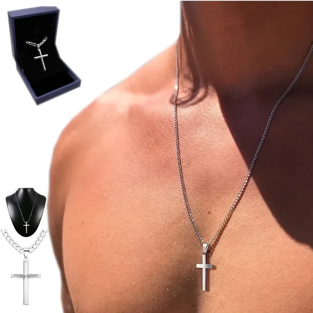 Srebrny ŁAŃCUSZEK Z KRZYŻYKIEM Krzyż + WŁOSKI Łańcuszek ELEGANCKI Łańcuch