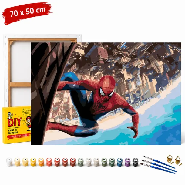 Obraz do malowania po numerach z ramą Spiderman nad Miastem Marvel 70x50 cm