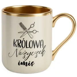 kubek-premium-zloty-ecru-personalizowany-krolowa-nozyczek-dla-fryzjerki
