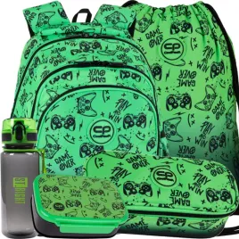 coolpack-jerry-plecak-szkolny-mlodziezowy-game-over-zestaw-5w1-green