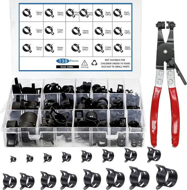 130X ZESTAW OPASKA ZACISKOWA METALOWA SKRĘCANA ŚLIMAKOWA 6-25MM + SZCZYPCE