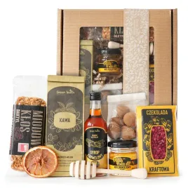 box-zestaw-prezentowy-prezent-kawa-miod-syrop-czekolada-baton-migdaly-kraft