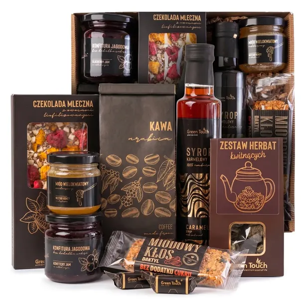 ZESTAW KOSZ PREZENTOWY herbata kawa miód syrop czekolada konfitura premium
