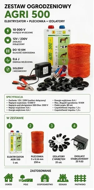 Pastuch Elektryczny AGRI 500 Zestaw 10 km 230V | Elektryzator 10000V + Zasi