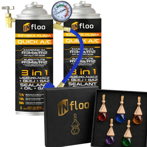 INfloo 2x Szybka Klima R134a Gaz Olej Uszczelniacz 3w1+PRZEWÓD Z MANOMETREM