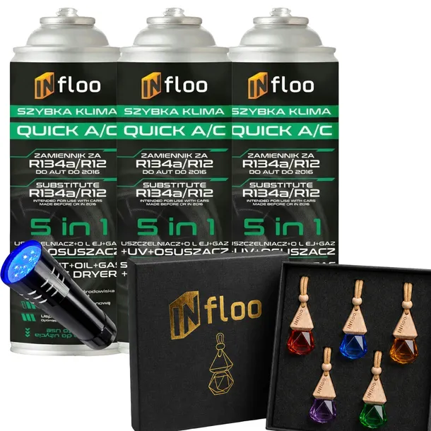 INfloo 3x Szybka Klima R134a Gaz Olej Uszczelniacz UV Osuszacz 5w1+LATARKA
