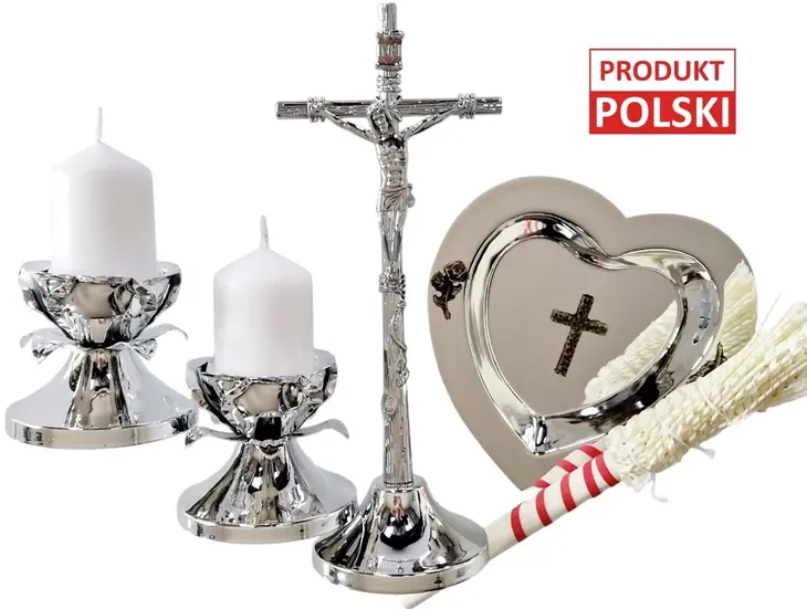 Duży KOMPLET KOLĘDOWY ZESTAW RÓŻA kolęda - Krzyż kropidło świeczki lichtarz