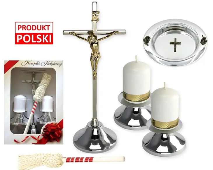 **PROSTY** ZESTAW KOMPLET KOLĘDOWY kolęda pasyjka krzyż lichtarz kropidło