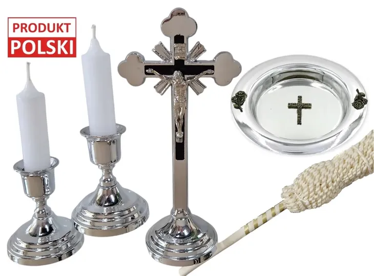 METALOWY WYSOKI TRADYCYJNY ZESTAW KOMPLET KOLĘDOWY Kropidło Krzyż Świeczki