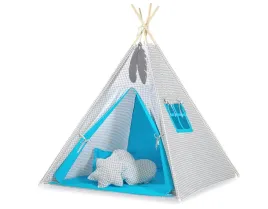 namiot-tipi-dla-dzieci-zawieszki-piora-kratka-szara-turkusowy