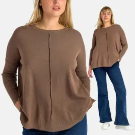 sweter-damski-wiskoza-luzny-prazkowane-rekawy-ozdobne-przeszycie-braz-s-m