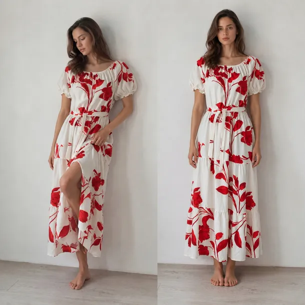 Sukienka Damska Wiskoza Hiszpanka Maxi w Kwiaty Rozkloszowana Czerwona S/M