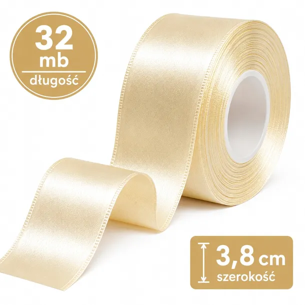 Wstążka atłasowa Kremowa Ecru Beż taśma tasiemka satynowa ozdobna 38mm 32m