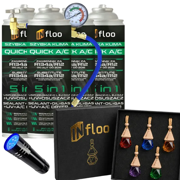 4x CZYNNIK CHŁODNICZY R134 a INFLOO 5w1 GAZ DO KLIMY + PRZEWÓD + LATARKA UV
