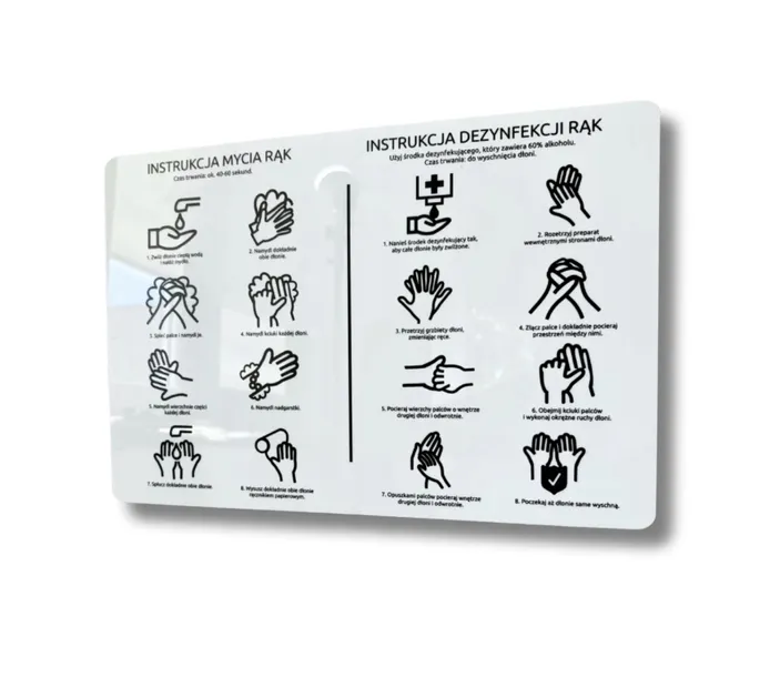 Akrylowa tabliczka INSTRUKCJA MYCIA I DEZYNFEKCJI RĄK BHP biała A4 30x20 cm