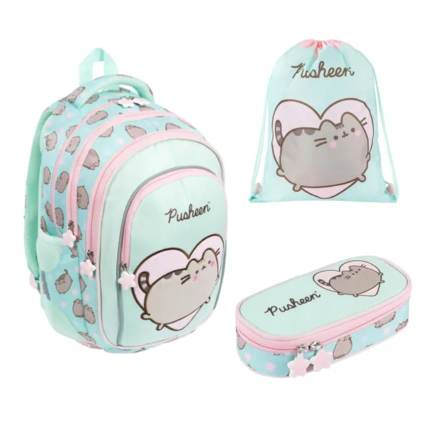 Wyprawka Szkolna Pusheen Mint plecak 4-komorowy + piórnik + worek na buty