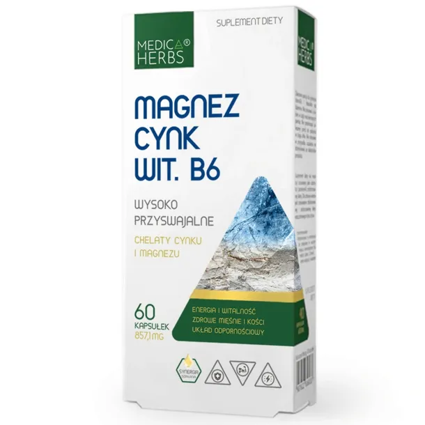 Medica Herbs MAGNEZ CYNK chelat Witamina B6 SKURCZE Mięśnie Układ NERWOWY