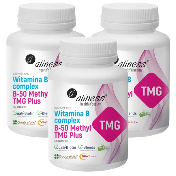 3x Aliness Witamina B Complex Methyl B-50 TMG 100 kaps Układ Nerwowy Serce