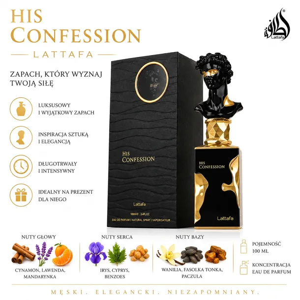 Lattafa His Confession 100ml Męskie Arabskie Perfumy SZTOS WYPRZEDAŻ