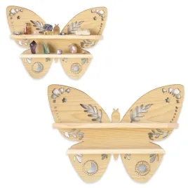polka-na-figurki-mineraly-ozdobna-dekoracja-scienna-jasna-drewniana-motyl
