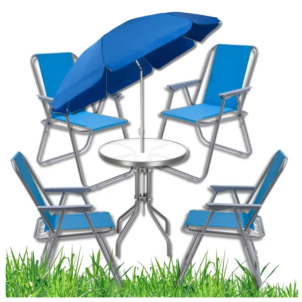 Zestaw Mebli Ogrodowych STÓŁ + 4 FOTELE + PARASOL 6 Elementów