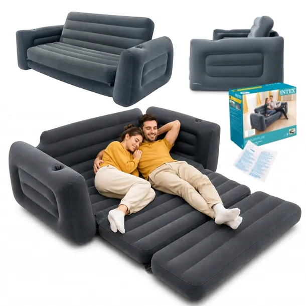 Sofa dmuchana Intex rozkładana 2w1 łóżko queen 2 osoby 231×203 szary