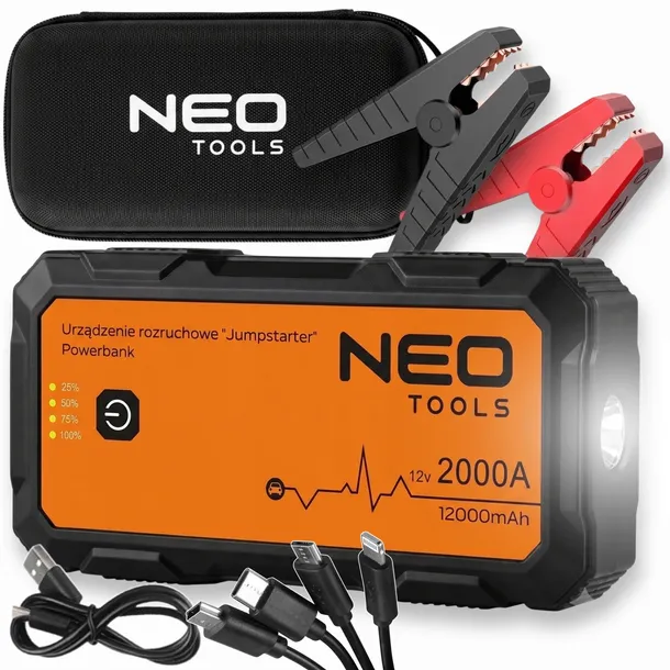 URZĄDZENIE ROZRUCHOWE BOOSTER JUMP STARTER POWERBANK 12000mAh LED NEO TOOLS