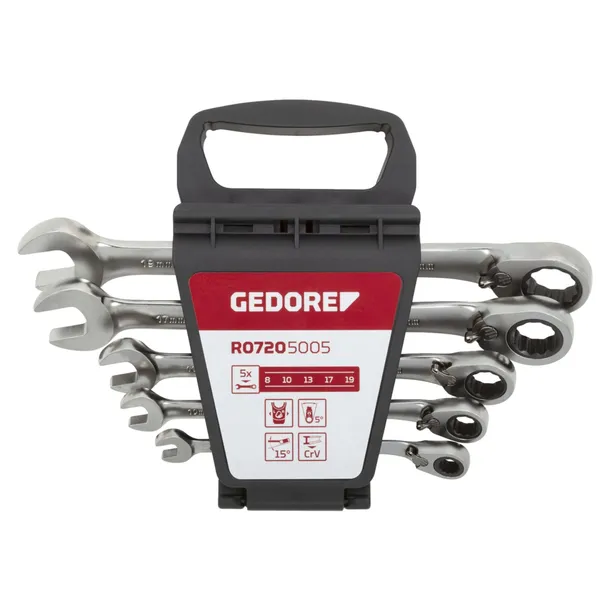 gedore-red-combination-ratchet-open-end-spanner-set-5-pieces