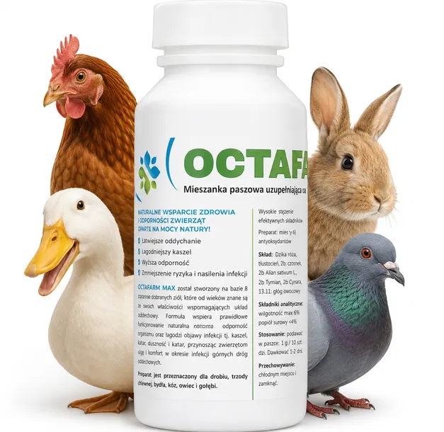 OCTAFARM MAX 100ml Na Katar Kichanie Odporność Kur Drobiu Zwierząt
