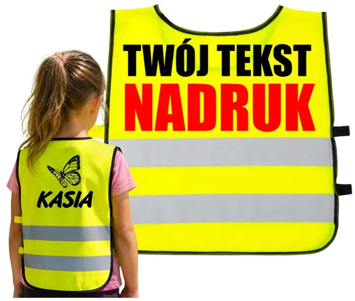 KAMIZELKA ODBLASKOWA DZIECIĘCA Z DOWOLNYM NADRUKIEM DZIEWCZYNKA CHŁOPIEC