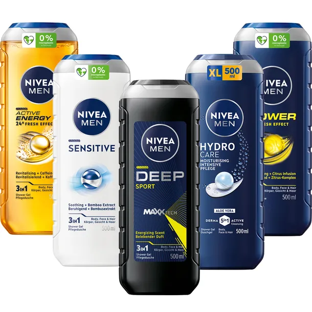NIVEA MEN 3w1 Żel pod prysznic męski zestaw - Płyn do mycia 500ml x5