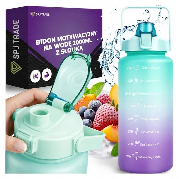 BIDON MOTYWACYJNY BUTELKA NA WODĘ 2000ml 2L z miarką słomką uchwyt fitness