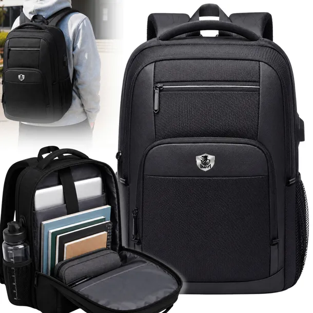 PLECAK MĘSKI NA LAPTOPA MIEJSKI WODOODPORNY POJEMNY DO PRACY USB CZARNY
