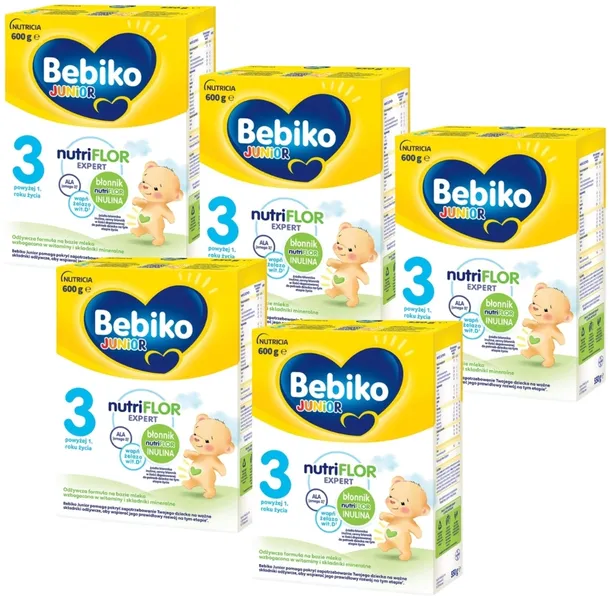 Bebiko Junior Nutriflor Expert 3 Mleko Powyżej 1 Roku 600g x 5 Kartonów