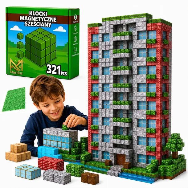 Klocki Magnetyczne 321 + Płytka Magnetyczna Konstrukcyjne Sześciany Bloki