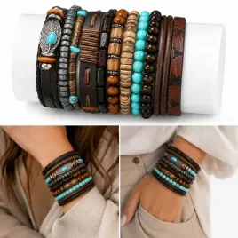 meskie-bransoletki-skorzane-boho-vintage-zestaw-koraliki-regulowane-komplet