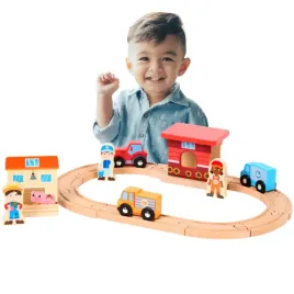 drewniany-tor-samochodowy-farma-dla-dziecka-22-elementy-traktor-3-pojazdy