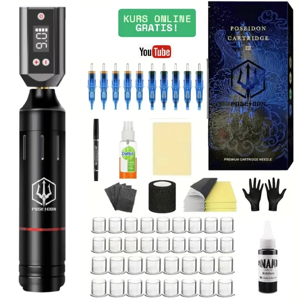 Zestaw do tatuażu Poseidon PEN + kurs online, tusz , dla początkujących