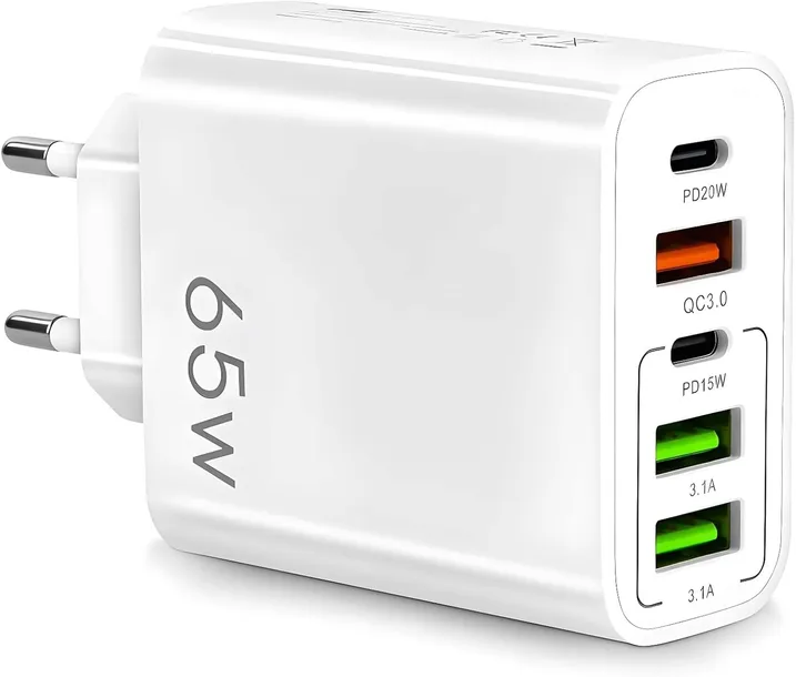65W SZYBKA ŁADOWARKA SIECIOWA: 2x USB-C PowerDelivery 3x USB-A QC 3.0 Biała